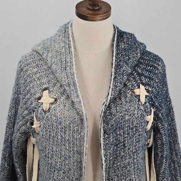Fashion Apparel & Accessories Sweaters - Fashion Apparel & Accessories Open Front Cardigan Duster L/XL Blue & Beige Hood